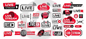 Mega set of live streaming vector icons. Red and black symbols and buttons of live streaming, broadcasting, online stream. Design