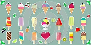 Mega set of twenty-one stalkers of various sweet ice-cream, in a waffle cup and on a stick, juicy fruits and berries in photo