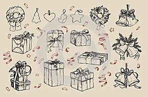 Mega vintage set. Hand drawn vector illustrations - merry christmas