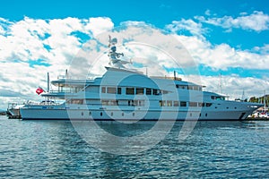Mega yacht at the dock in Seattle`s Elliott Bay Marina