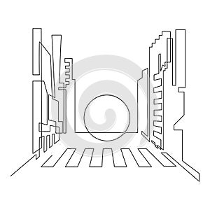 Megacity with skyscrapers. High-rise buildings on the sides of the road. Sunrise or sunset or moon. Continuous line drawing.