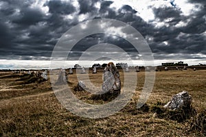 Megalith Stone Circle, Alignements De Lagatjar Near Finistere Village Camaret Sur Mer In Brittany, France