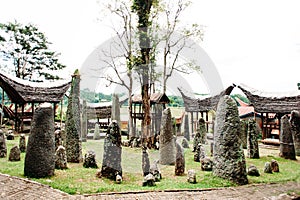 Megaliths or menhirs of Tana Toraja. Old torajan burial site in Bori village, Rantepao, Sulawesi, Indonesia.