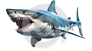 Megalodon shark with mouth open and sharp teeth on white background