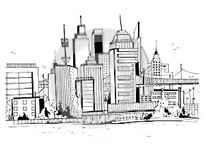 Megalopolis city, street illustration. Hand drawn sketch landscape with buildings, cityscape, office in outline style