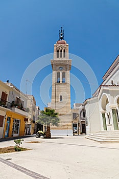Megalos Antonios church bell tower on blue cloudless sky in Rethymnon, Crete, Greece
