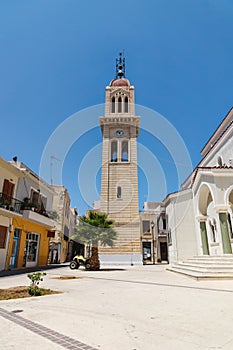 Megalos Antonios church bell tower on blue cloudless sky in Rethymnon, Crete, Greece photo