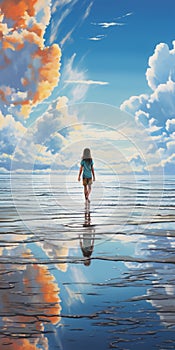 Megan Walking To The Sea: Detailed Skies And Chrome Reflections photo