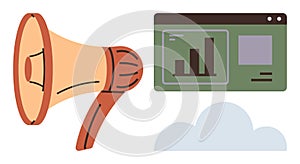 Megaphone and Analytics Dashboard Representing Marketing and Data in Cloud Environment