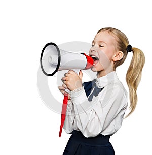 Megaphone Announcement, School Child Girl Announce Scream, White photo