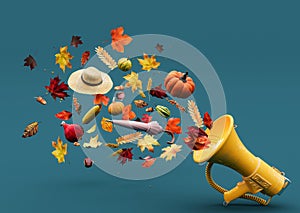 The megaphone announces the arrival of autumn. Autumn symbols coming out from the megaphone on turquoise blue background.