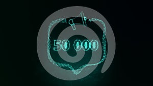 Megaphone banner with speech bubble and 50000 number. 50K likes, followers. Plexus style of green glowing dots and lines