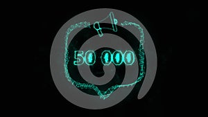 Megaphone banner with speech bubble and 50000 number. 50K likes, followers. Plexus style of green glowing dots and lines