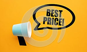 Megaphone with best price offer announcement in a speech bubble. Commercial sale and best shopping price guarantee
