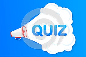 Megaphone blue banner with quiz sign. Vector illustration