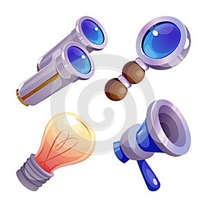 Megaphone, bulb, binoculars and magnify glass icon