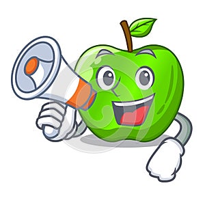 With megaphone cartoon of big shiny green apple