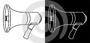 Megaphone, cinema director loudspeaker. Speeches of the speaker at rallies, strikes and meetings. Black and white vector