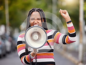 Megaphone, city or black woman in protest with speech announcement for politics, equality or human rights. Feminist