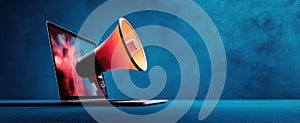 The Megaphone Emerging from a Laptop in a Creative Digital Concept.AI generated image