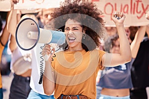 Megaphone, equality or women rights protest for global change, gender equality or angry black woman fight for support