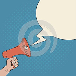 Megaphone in hand and blank bubble speech. Loudspeaker. Vector illustration.