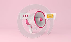Megaphone icon and alarm mail on pink background