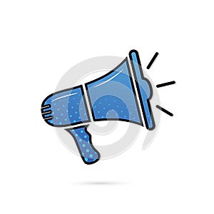 Megaphone icon. Blue loudspeaker sign. Shout in speaker. Loud announce. Bullhorn alert. Noise speaker. Speak news announcement. Lo