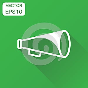 Megaphone icon. Business concept bullhorn symbol pictogram. Vector illustration on green background with long shadow.