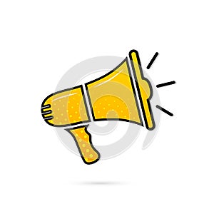 Megaphone icon. Loud announce. Yellow loudspeaker sign. Shout in speaker. Bullhorn alert. Noise speaker. Speak news announcement