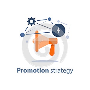 Megaphone icon, marketing strategy plan, attention announcement, public relations concept, advertising campaign