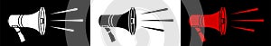 Megaphone icons, cinema director loudspeaker. Speeches of the speaker at rallies, strikes and meetings. Black and white vector