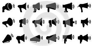 Megaphone icons. Set of different loudspeaker icons. Simple megaphone signs. Black loudspeaker icons