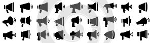 Megaphone icons. Set of different loudspeaker icons. Simple megaphone signs. Black loudspeaker icons