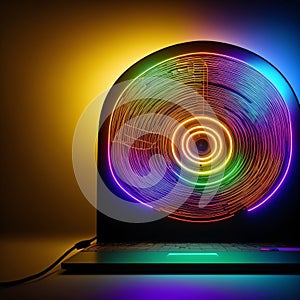 of megaphone on laptop screen, dark background with colorful neon lights. Generative AI