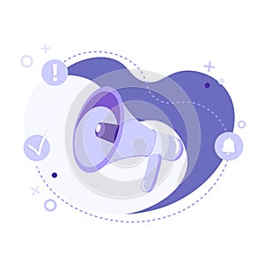 Megaphone or loudspeaker flat vector illustration with icons on abstract background.