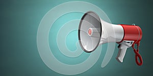 Megaphone or loudspeaker on green vintage background.
