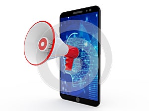 Megaphone loudspeaker through a smartphone screen. Online advertising, sales, promotion