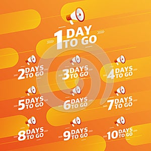 Megaphone number days to go countdown vector illustration template on orange designer background. Vector