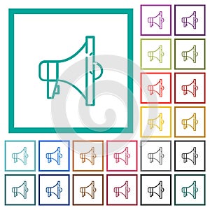 Megaphone outline flat color icons with quadrant frames