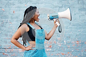 Megaphone, protest and black woman with speech, rally and announcement for politics, equality and human rights. Feminist