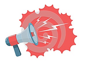 Megaphone on red background. Loudspeaker with white lightning signs. Public speaking equipment, promo and advertising