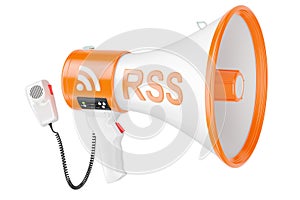 Megaphone with RSS logo podcast, 3D rendering