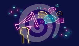 Megaphone shouting out with speech bubbles banner for social networks in neon light style on dark background