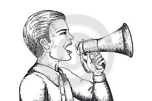 Megaphone sketch. Hand drawn loudspeaker engraving illustration, bullhorn announcement concept. Vector news and ads