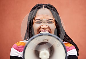 Megaphone, speaker or loud black woman protest with speech announcement for politics, equality or human rights. Feminist