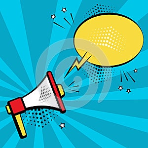 Megaphone and speech bubble on blue background in pop art style. Vector