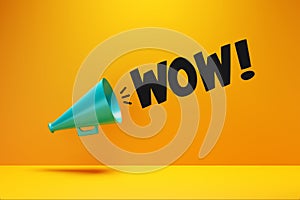 Megaphone with speech bubble with the word WOW. Admiration and amazement concept