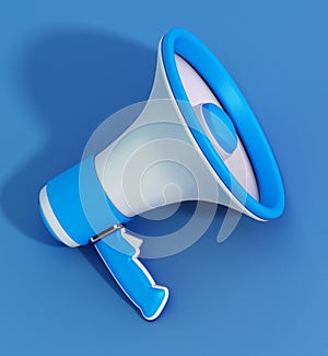 Megaphone standing on blue background. 3D illustration