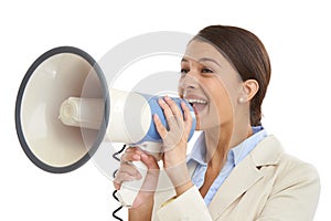 Megaphone, white background and business woman scream for news, announcement and information. Call to action